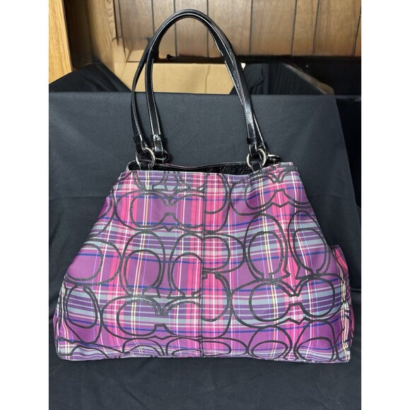 Coach Poppy Tartan Plaid Glamour Glitter Tote Bag Purse F15480 Pinks Purples - Picture 1 of 10